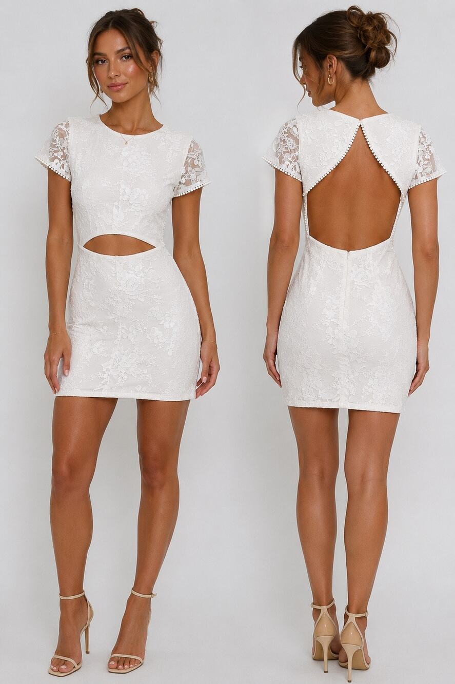 Two Sisters Floral Lace Cutout Dress White Open Back Bodycon Mini Dress Size 8